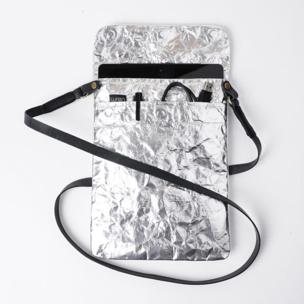 Wren Silver iPad Sleeve Open with strap lres